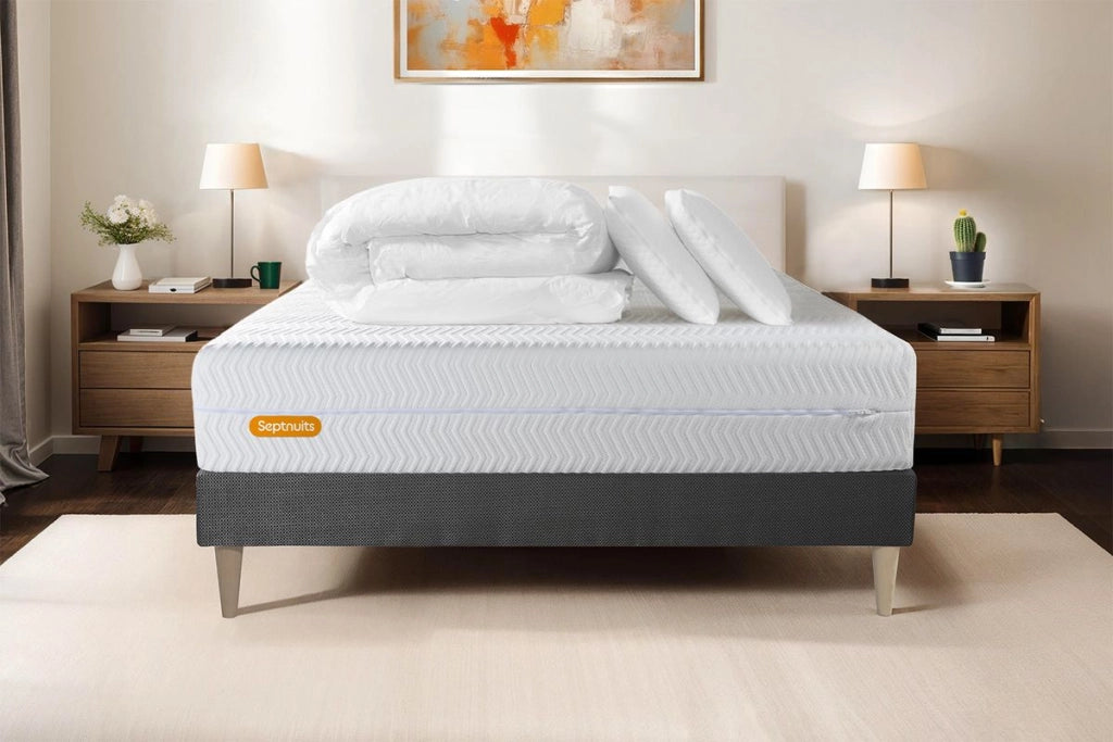 Pacchetto letto completo - Materasso 140x190cm + Box spring con doghe (kit) + 2 cuscini + Piumino - Memo Bio