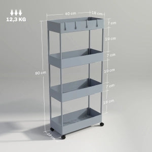 CARRELLO a 4 ripiani 40 x 19 x 90 cm Grigio con ruote e freni