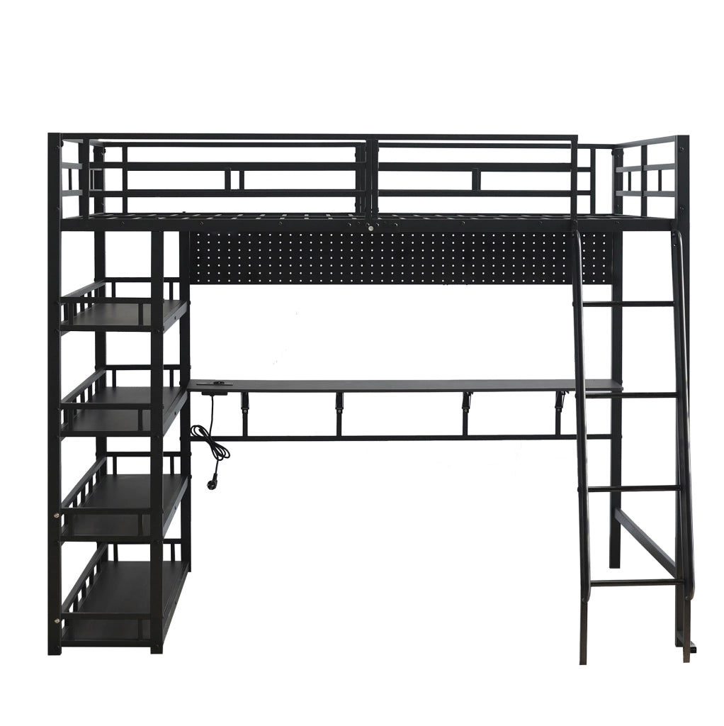 Letto a castello 140x200 cm con ripiani; grande spazio e presa di ricarica in ferro nero