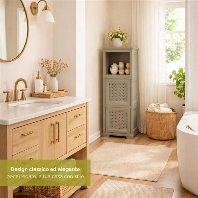 MOBILE 2 MODULI TAUPE 40X43X125 CM CON ANTE TRAFORATE E 1 MODULO SCAFFALE – CONTENITORE VERTICALE ORGANIZZAZIONE CASA PER INGRESSO E ZONA GIORNO
