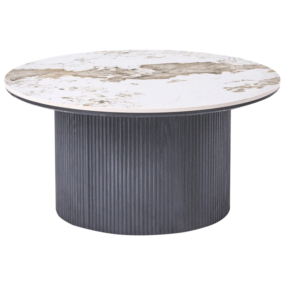 Tavolino con base in MDF e piano in marmo bianco ceramico Design moderno Gambe scanalate ø 80 cm Nero