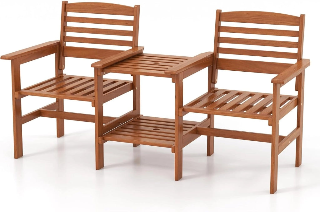 Sedia doppia per terrazza con foro da 4 cm, set di conversazione a 2 posti con tavolo a 2 livelli, set di mobili in legno