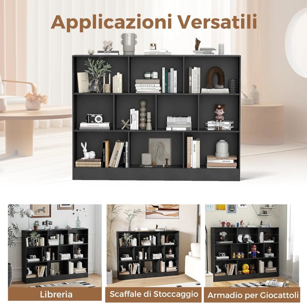COSTWAT Libreria a 10 Cubi, Organizzatore di Stoccaggio a 3 Ripiani con 2 Kit Anti-Ribaltamento, Scaffale Multiuso in Legno per Soggiorno Camera da Letto Ufficio, 140x24x104 cm (Nero)