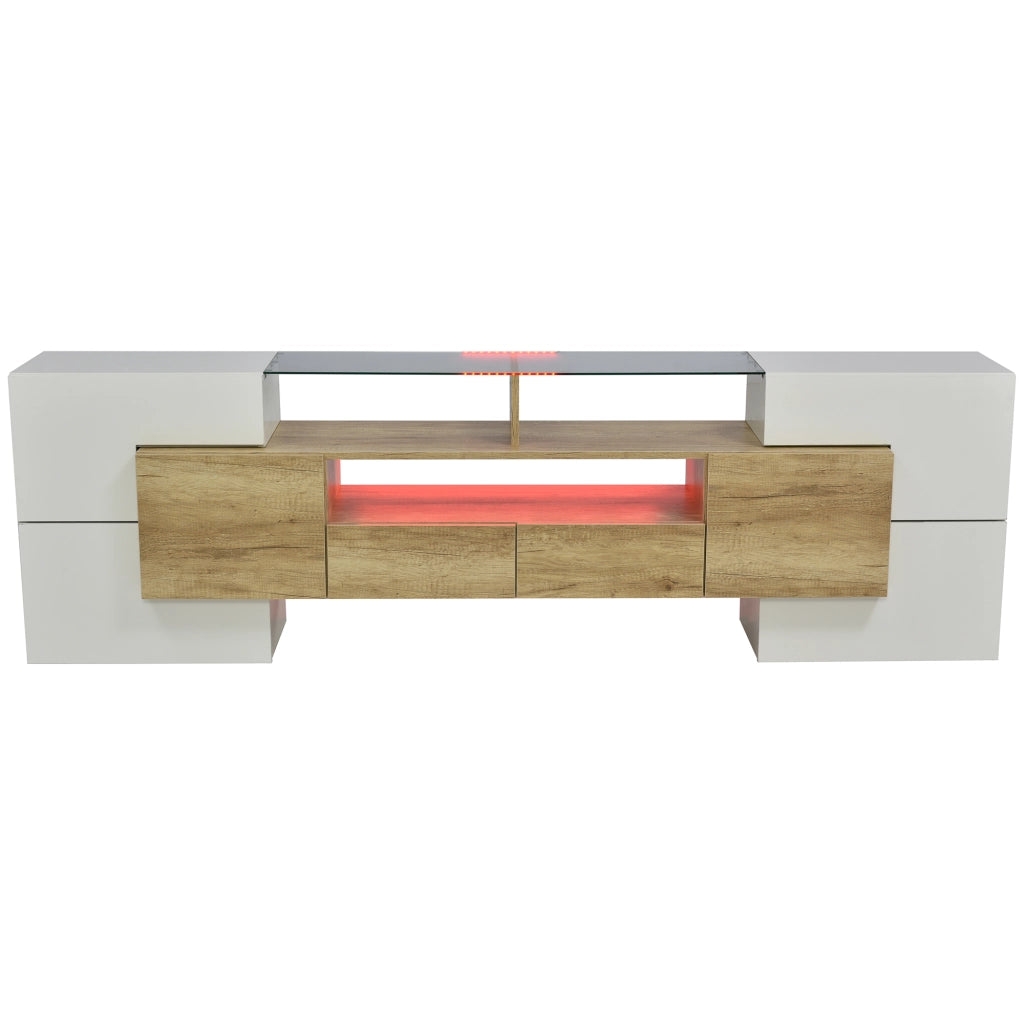 Mobile TV con 6 Ante; 2 Cassetti; 3 Vani e LED Multicolore; Bianco Lucido; 200¡Á35¡Á60 cm; in MDF; Naturale