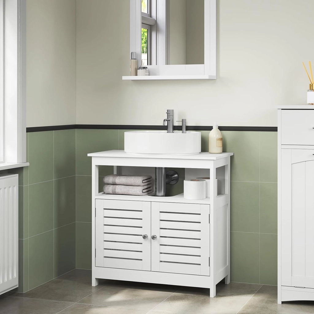 Armadietto Sottolavabo Bianco Mobiletto sotto Lavandino Sottolavello per Bagno con Due Ante in Legno