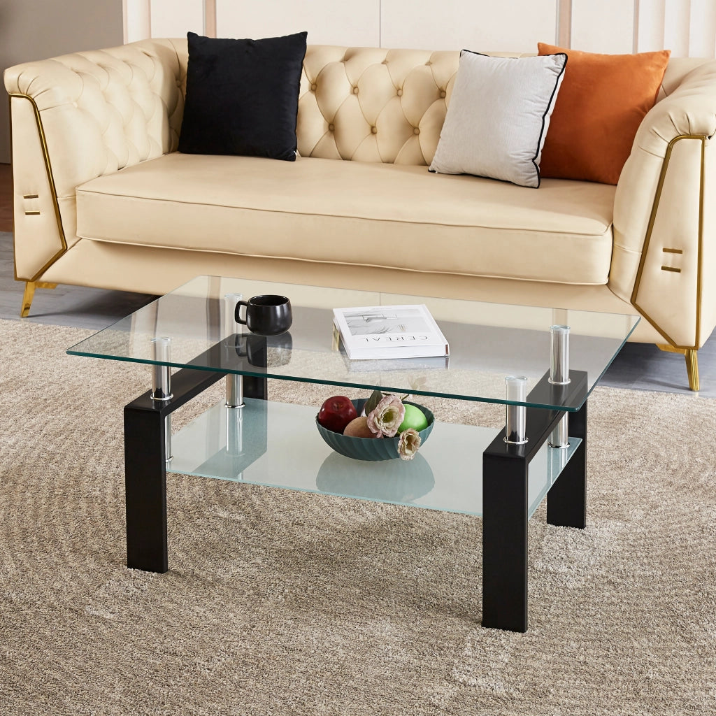Tavolino da caffè con piano a 2 livelli - per soggiorno - in vetro e metallo - 100×60×44 cm - trasparente