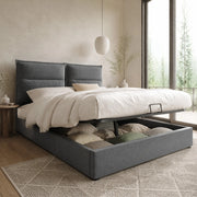 Letto imbottito 140x200 cm grigio con contenitore idraulico e testiera regolabile