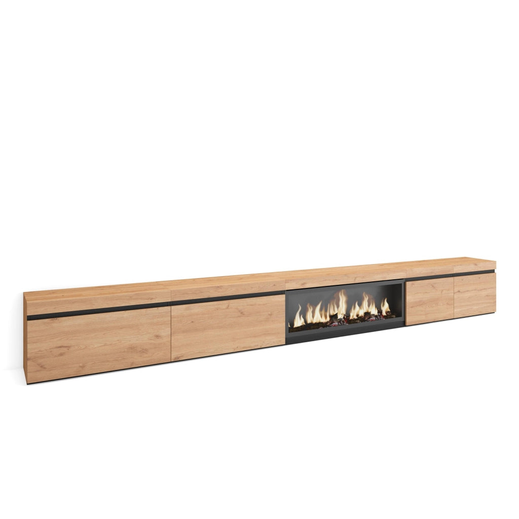 Mobile TV Soggiorno, 368x35x45, Camino elettrico XXL, colore Rovere RF3690