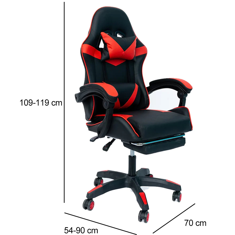 Sedia da Gaming Ergonomica con Poggiapiedi e Cuscini in PVC Rosso e Nero