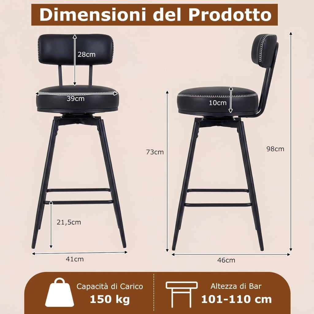 Set di 2 Sgabelli Girevoli, Sedie da Bar Moderne con Schienale Imbottito, Poggiapiedi e Gambe in Metallo, Sgabelli Imbottiti in Similpelle per Isola Cucina e Sala da Pranzo (Nero, Rotondo)