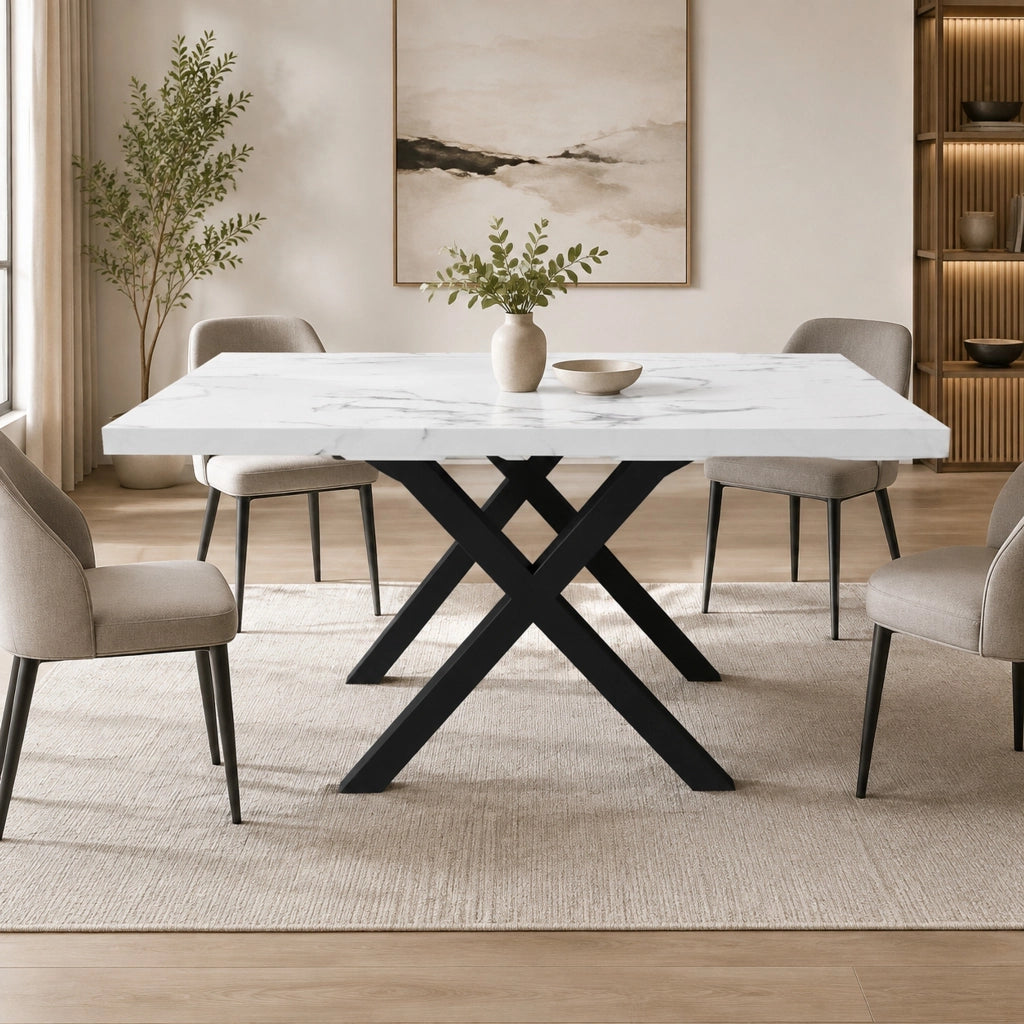 Tavolo multifunzione con gambe incrociate in MDF effetto marmo bianco