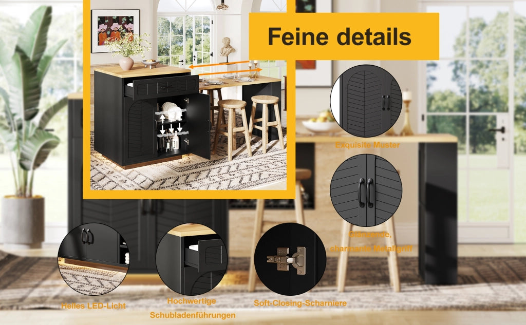 Isola cucina con LED - Zephmum - 2 cassetti, 4 ante, nero/bianco, tavolo estraibile