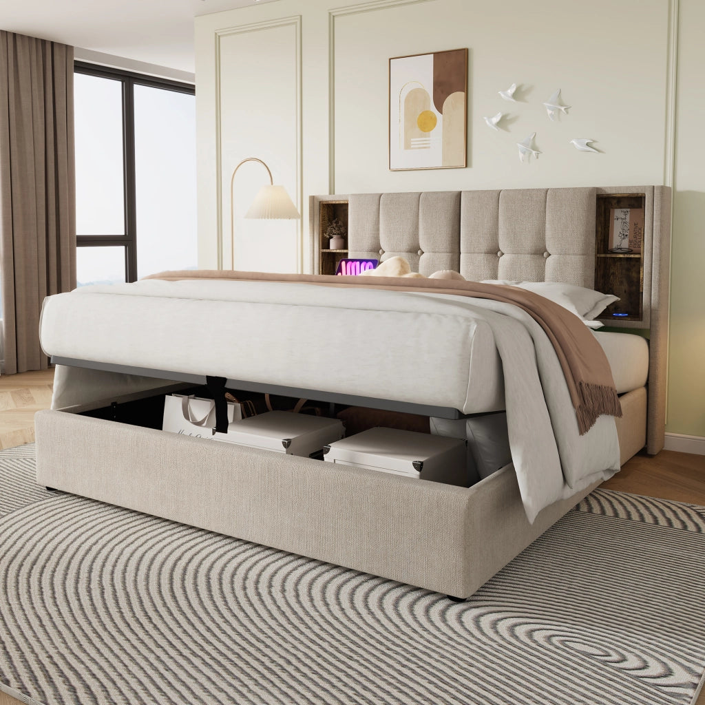 OKWISH Letto Contenitore 160×200 cm, Letto Matrimoniale con Ricarica Wireless, USB, Tipo C e Mensole, senza Materasso, in Lino, Naturale