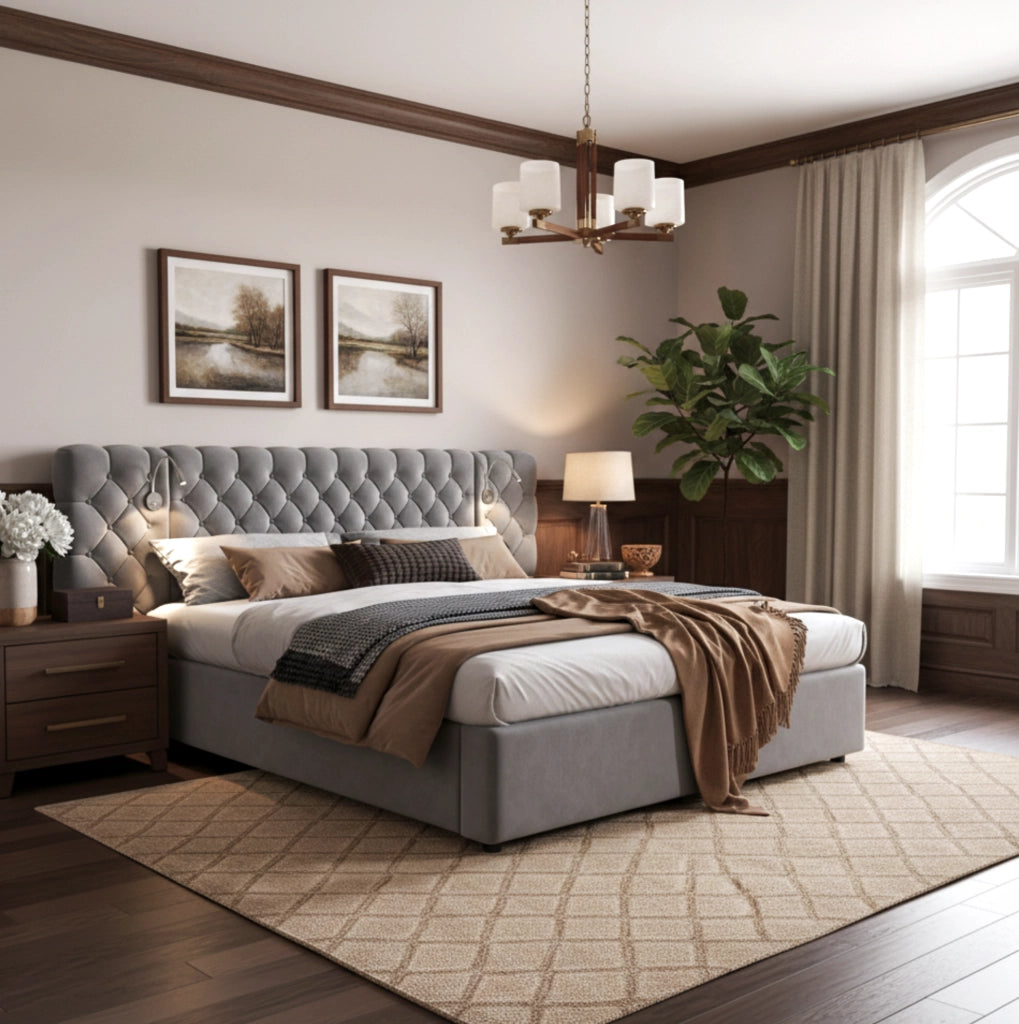 Letto matrimoniale 180x200 cm in velluto grigio con luce da lettura e contenitore idraulico