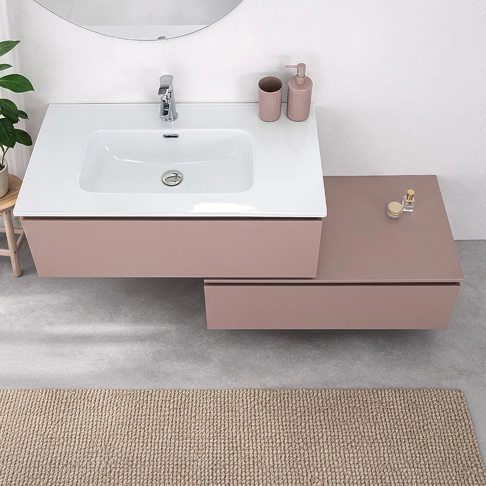 Mobile bagno sospeso 90 cm rosa con lavabo integrato e cassetto Nuvola
