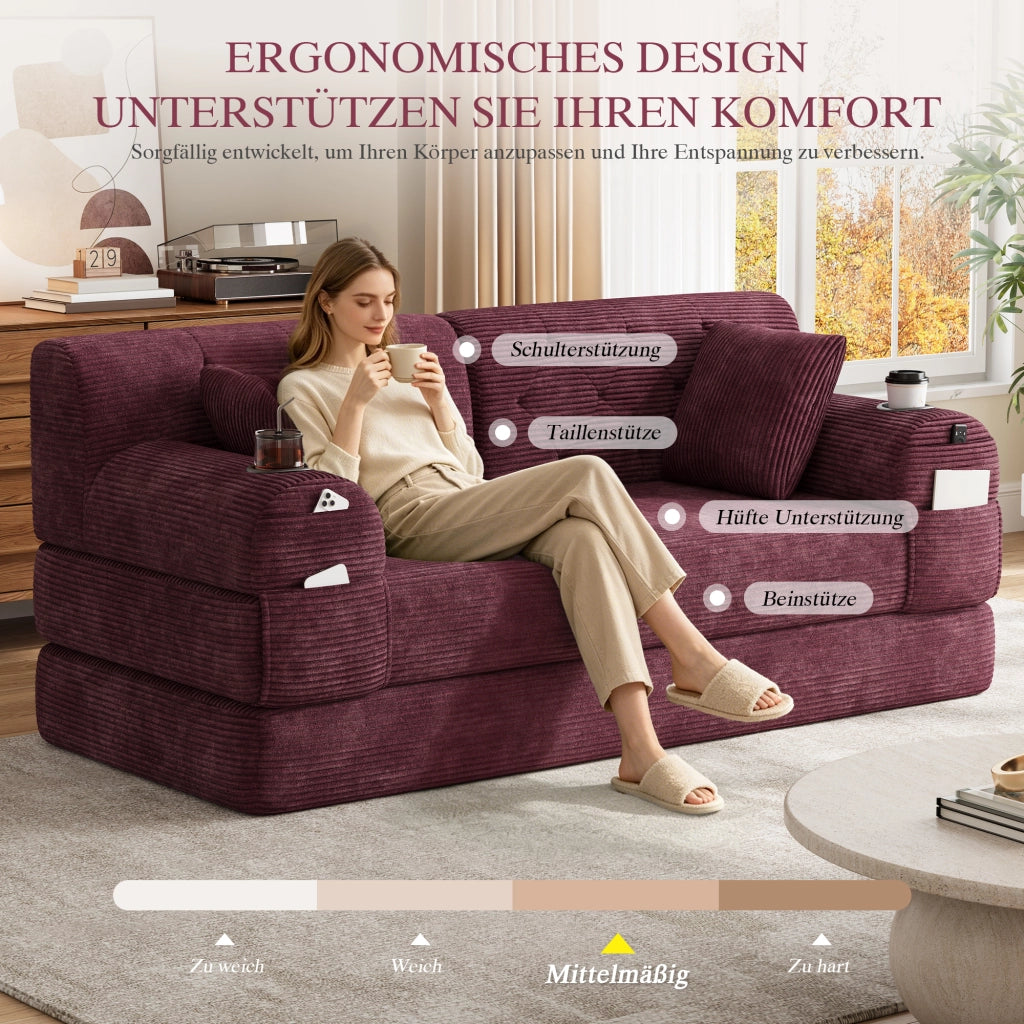 Divano letto in tessuto a coste con schienale alto, 4 tasche laterali e 2 portabicchieri, rosso vino 168 × 80 × 81 cm