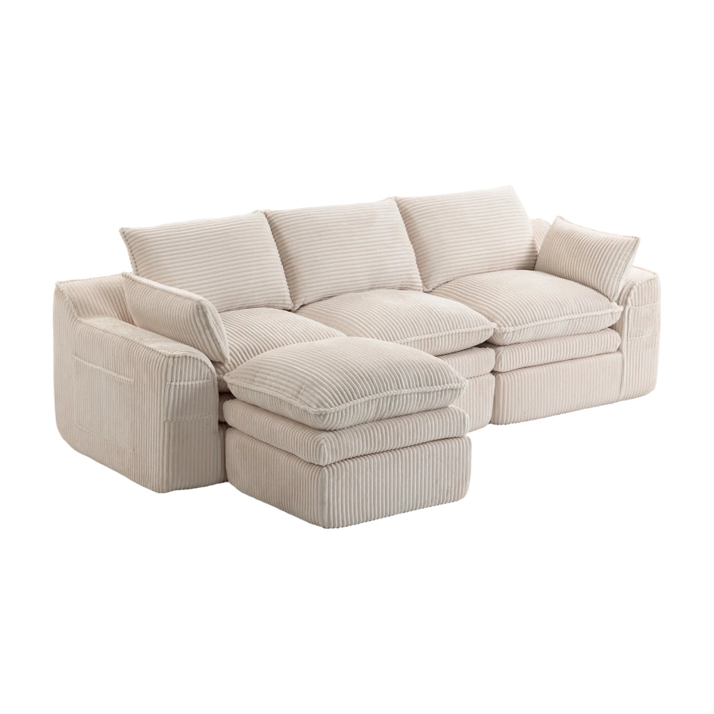 Divano modulare 3 posti in velluto a coste con cuscini, tasche laterali e schiuma a 3 strati, beige
