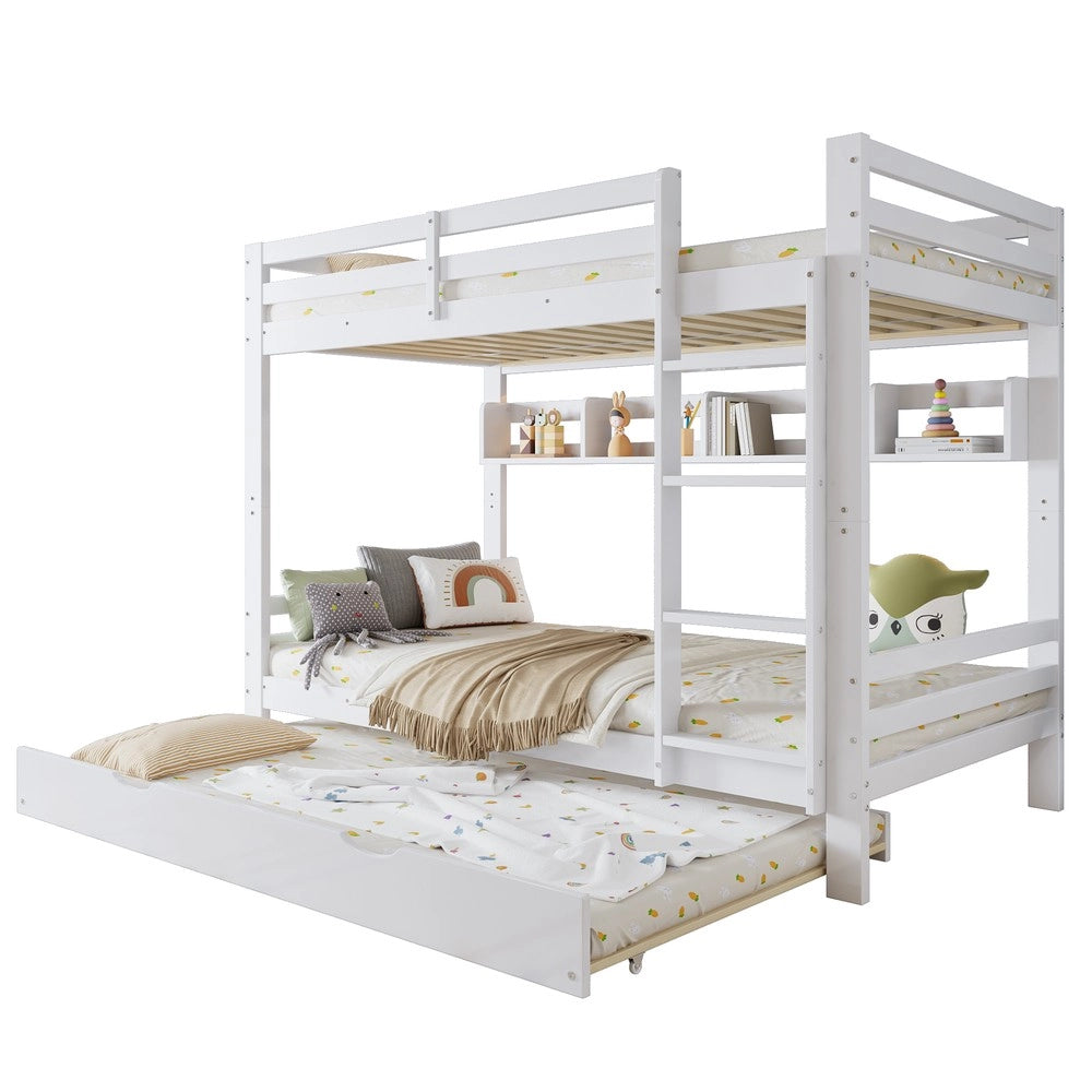 Letto a Castello Estraibile con Scaffali e Scala ¨C MINIMAL ¨C Pino/MDF, Bianco, 90x200