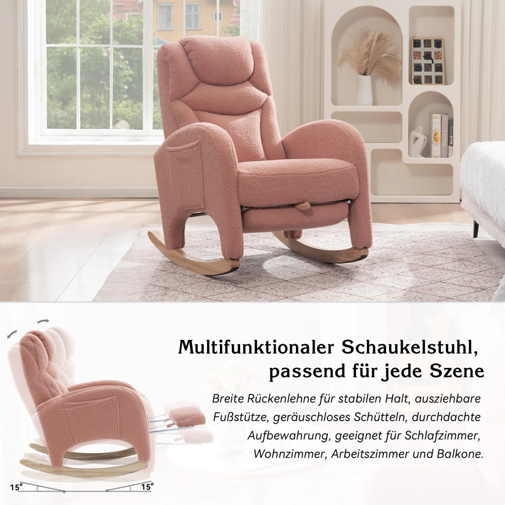 Poltrona a dondolo relax con poggiapiedi pieghevole e schienale ergonomico in tessuto teddy rosa per salotto