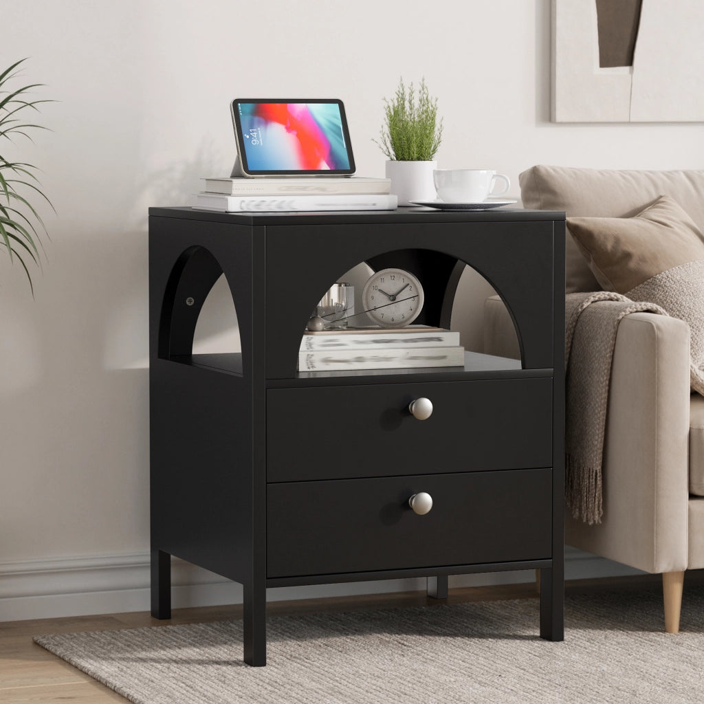 Comodino moderno multifunzione con 2 cassetti e 1 vano aperto, in MDF, per camera da letto, nero, 45 × 40 × 58 cm