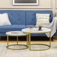 Set 2 Tavolini da Salotto Rotondi e Impilabili in Acciaio e Truciolato, Ø74x46.3 cm e Ø59x38.5 cm, Bianco e Oro