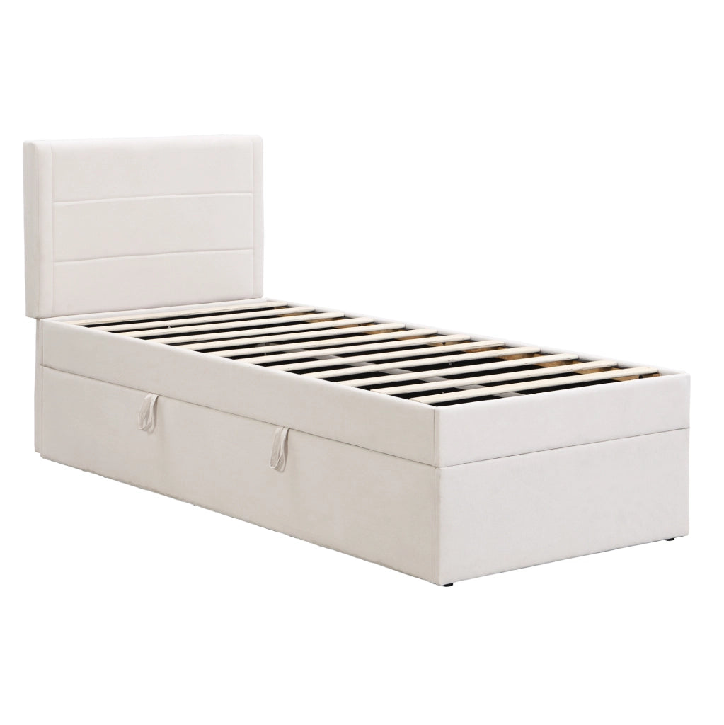 Letto singolo imbottito 90x200 cm con vano contenitore e rete a doghe; lino beige