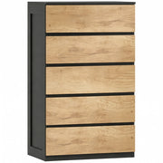 Cassettiera 5 Cassetti 60x39x100 cm con Guide in Metallo e Maniglie Scanalate in Legno Nero e Rovere