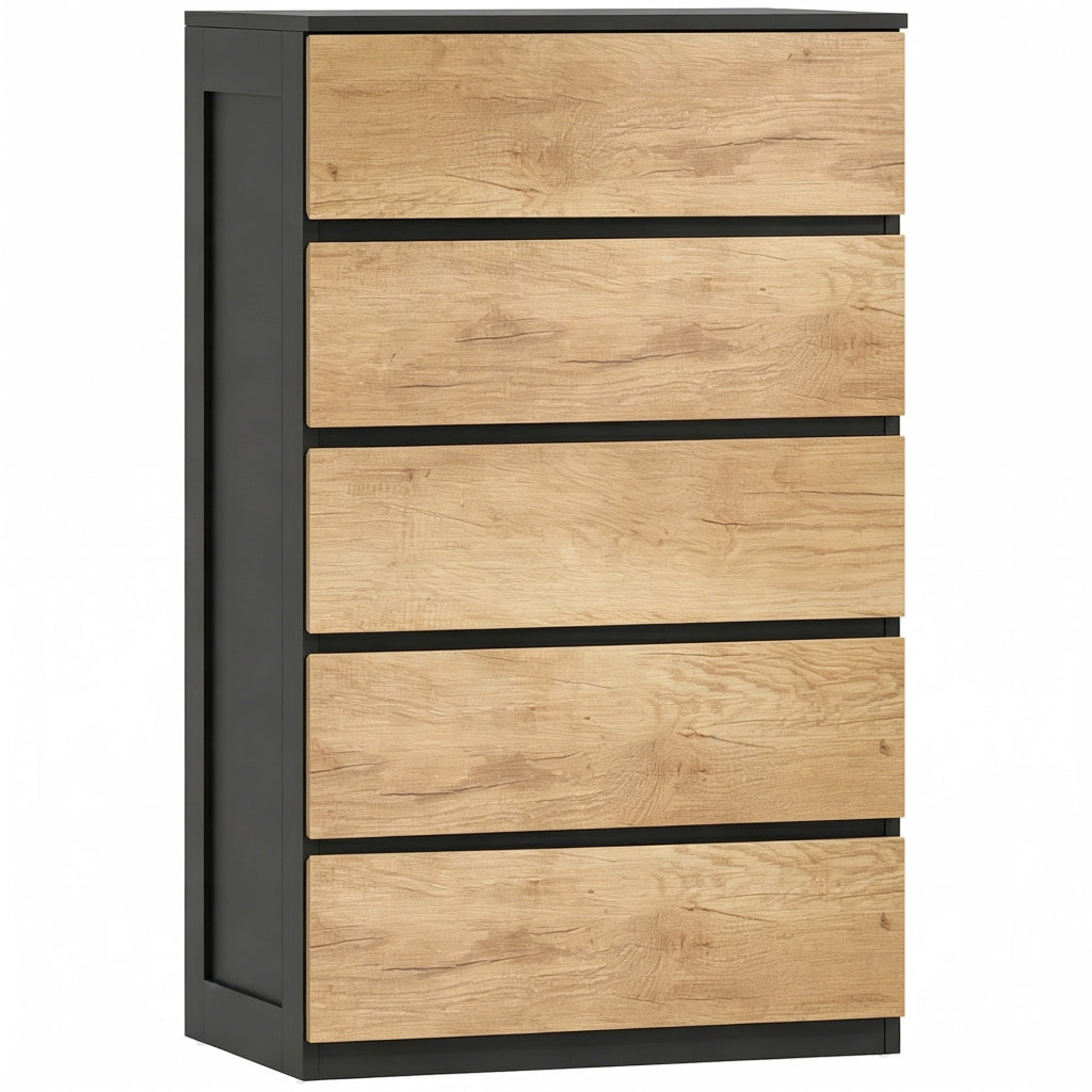 Cassettiera 5 Cassetti 60x39x100 cm con Guide in Metallo e Maniglie Scanalate in Legno Nero e Rovere