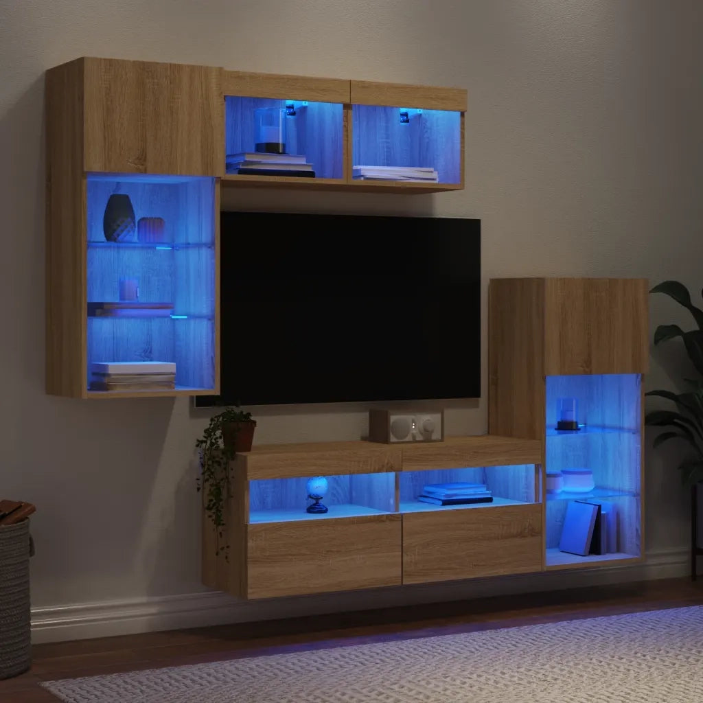 vidaXL Mobili TV a Muro con LED 5pz Rovere Sonoma Legno Multistrato
