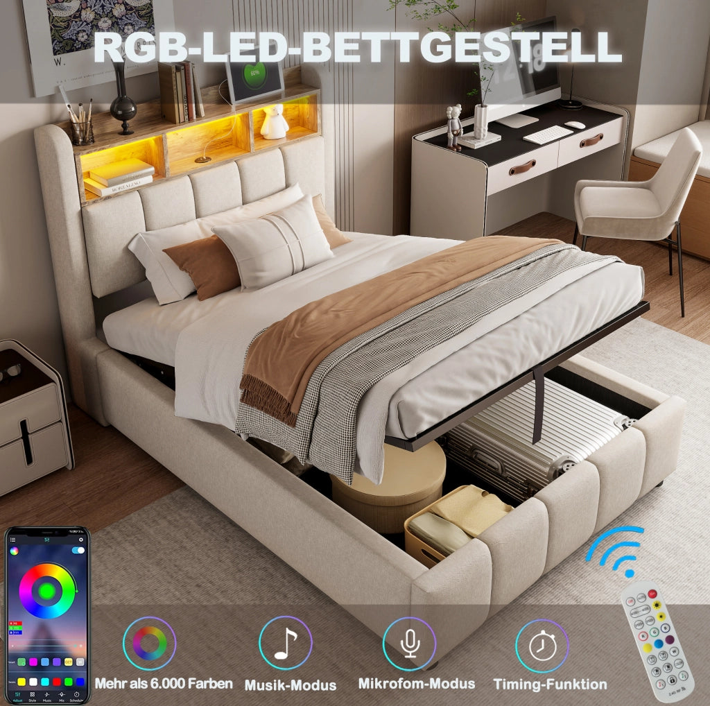 Letto imbottito con LED; USB e porta Type-C 90x200 cm in tessuto effetto lino beige