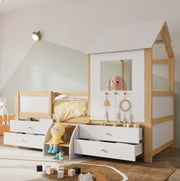 Letto per bambini a casetta semialto con 4 cassetti e scaletta 90x200 cm