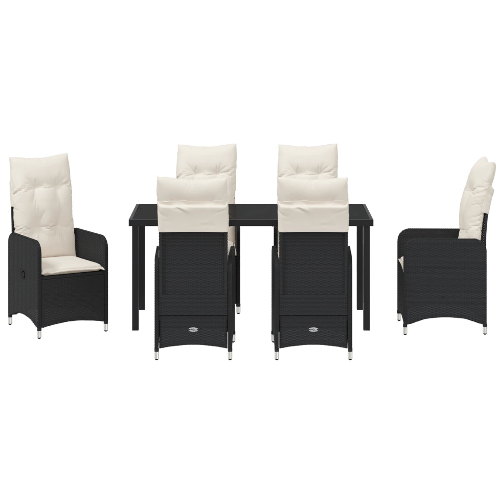 Set da Pranzo Giardino 7 Pezzi con Cuscini in Nero Polyrattan