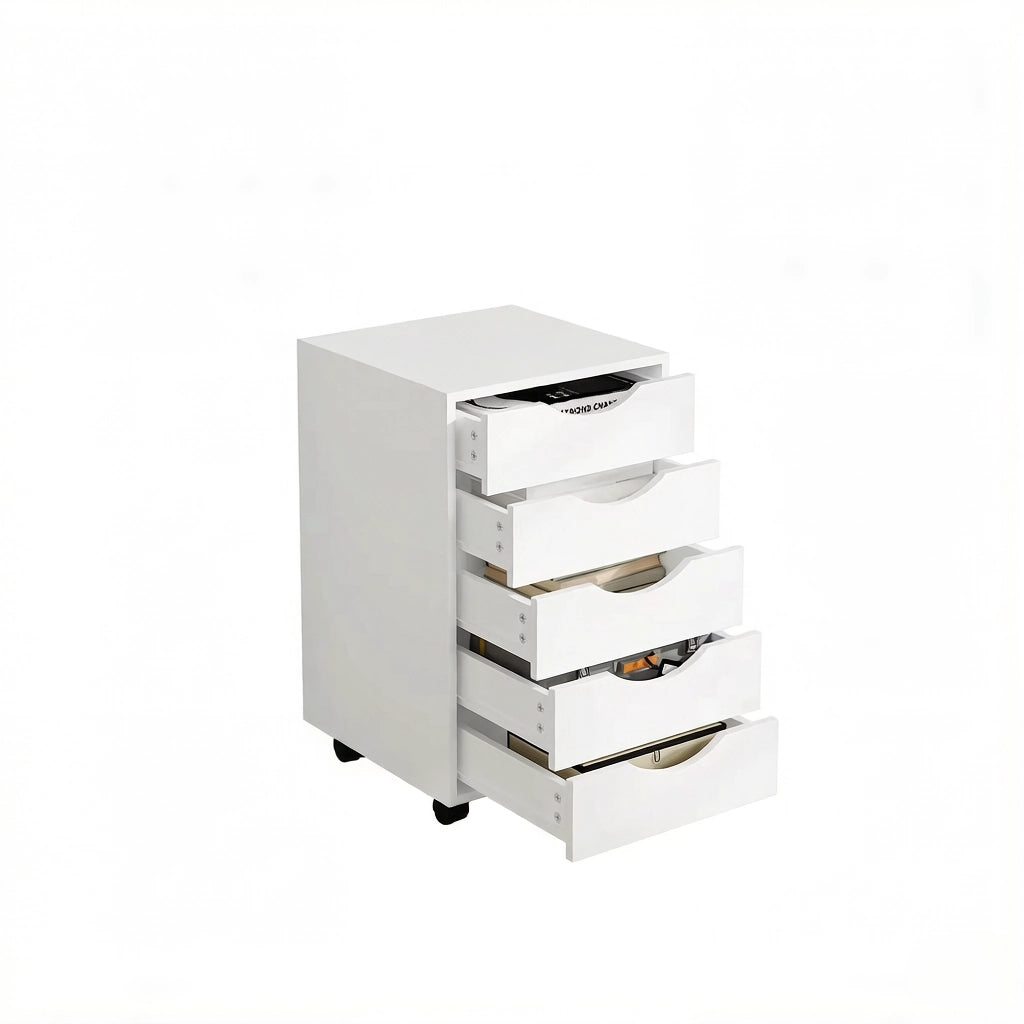 Mobile contenitore con 5 cassetti su ruote, armadietto archivio in legno ingegnerizzato, bianco, 40 x 40 x 66,5 cm
