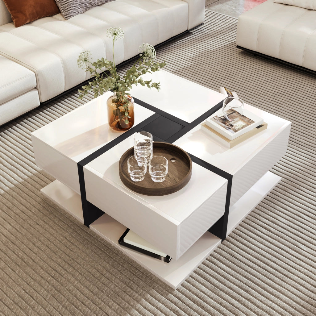 TAVOLINO Quadrato 78x78x36 cm Bianco lucido con 4 cassetti