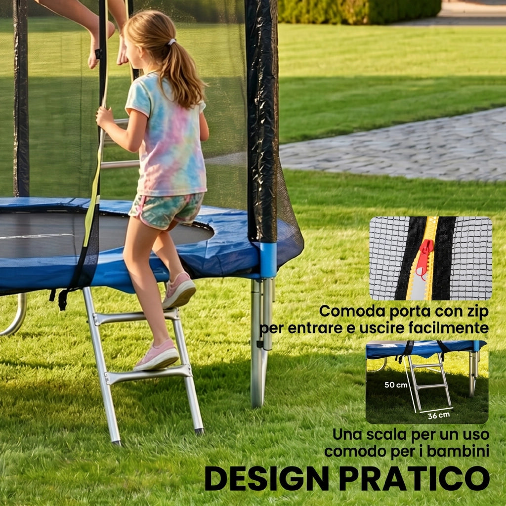 Trampolino da Giardino con Rete di Sicurezza e Scaletta ¨C zephmum ¨C Blu, Acciaio e Plastica, ?180x200 cm