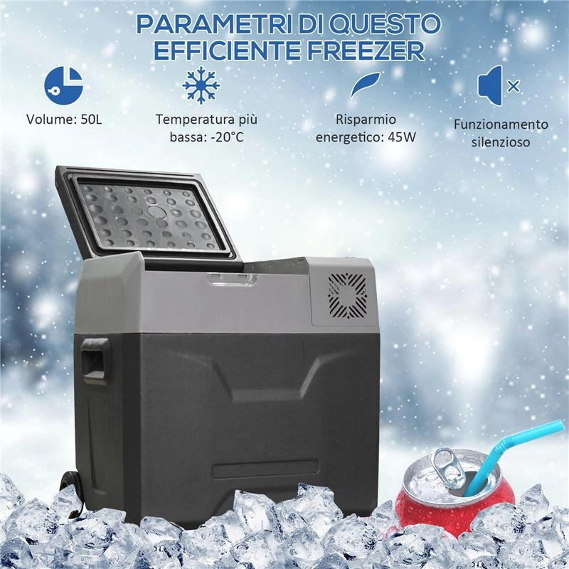 FRIGO PER AUTO DA 50L CON PANNELLO TOUCH MANIGLIA E 2 RUOTE IN ALLUMINIO E PLASTICA 58.6X37.8X54.5 CM GRIGIO