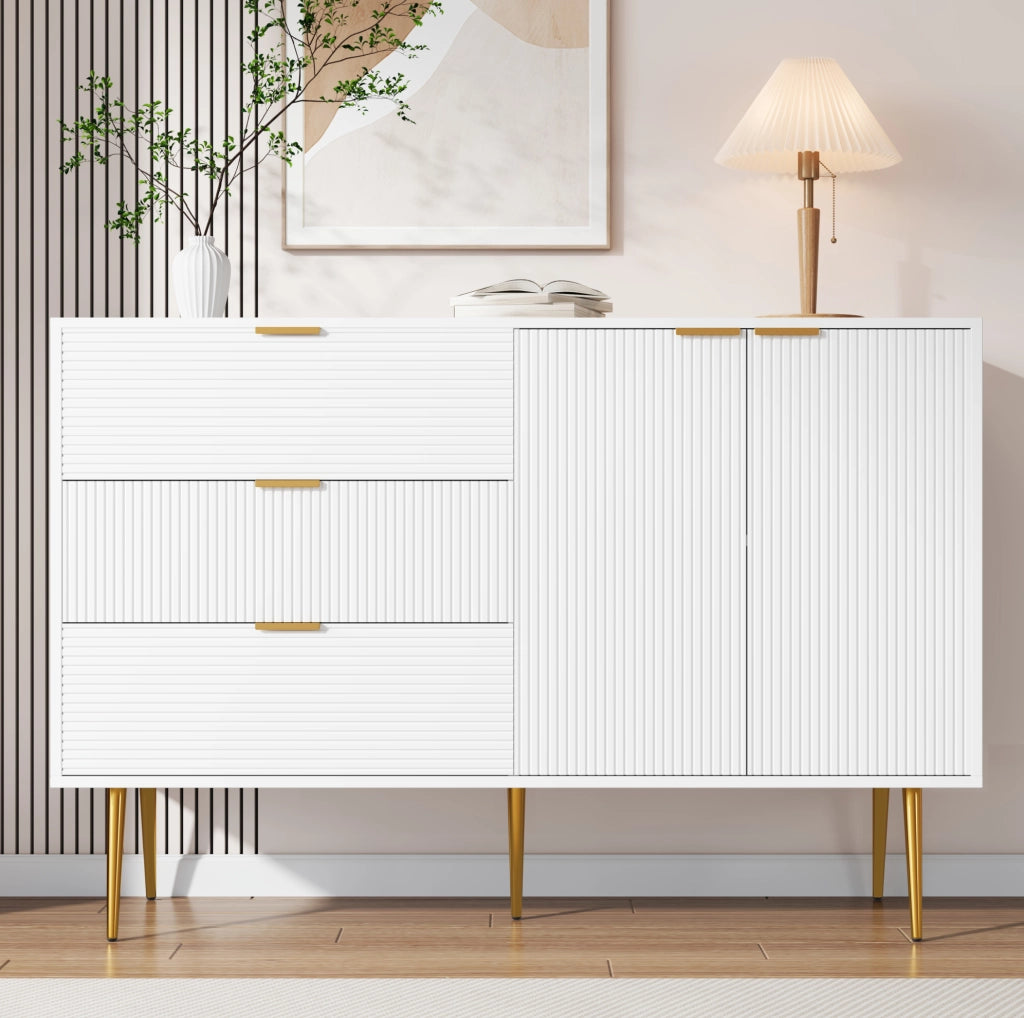 Credenza bianca e oro in MDF con 3 cassetti e 2 ante