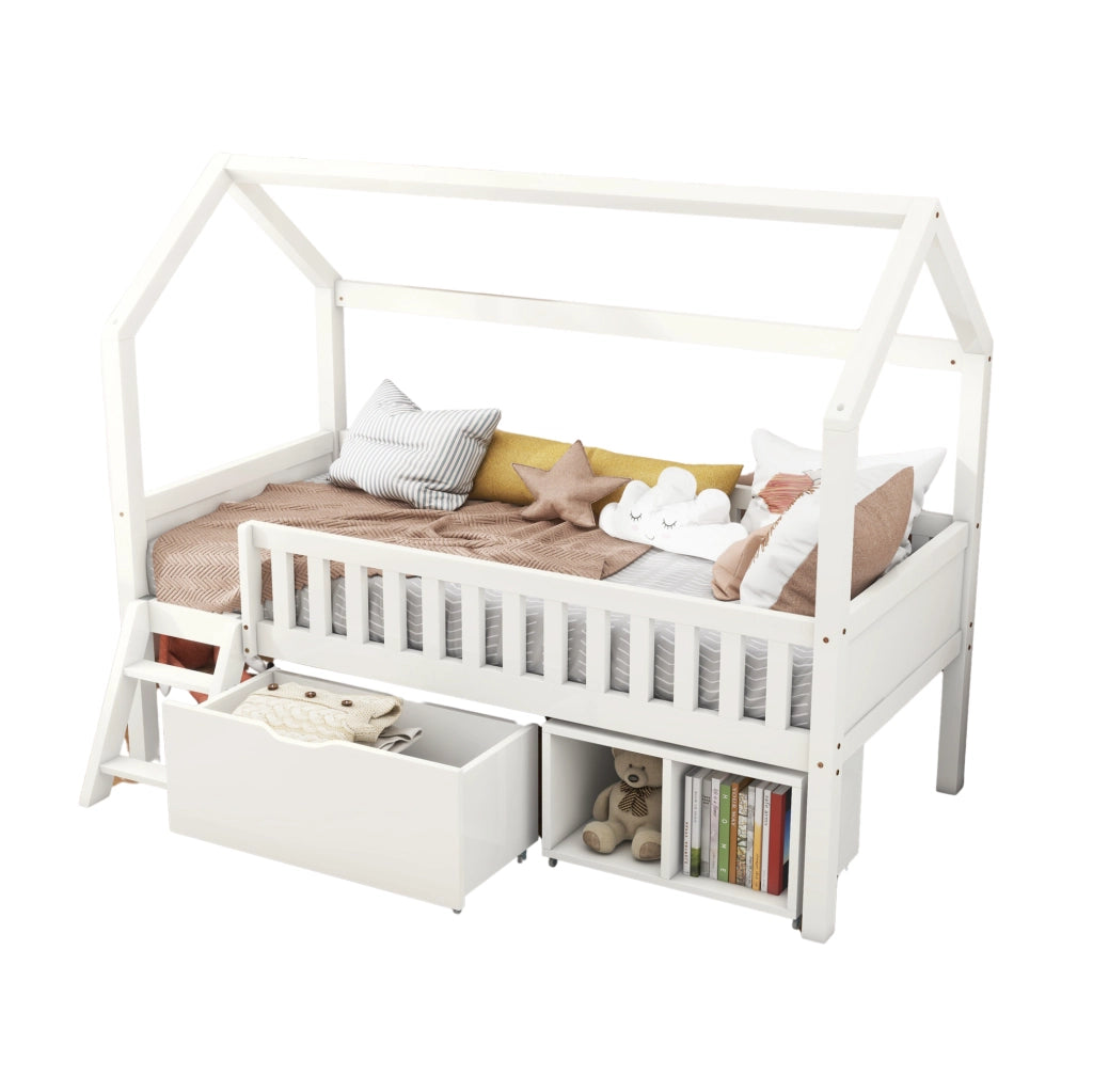 Letto a casetta 90 x 200 cm bianco in legno di pino con cassetti