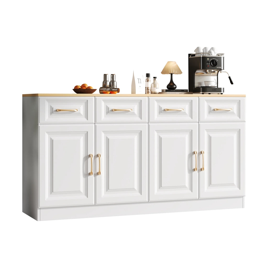 Credenza buffet 140 cm con 4 cassetti e 4 ante; bianco e rovere; in truciolare