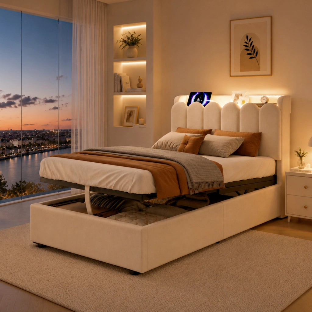 LETTO Contenitore 90x200 cm in velluto beige con rete a doghe