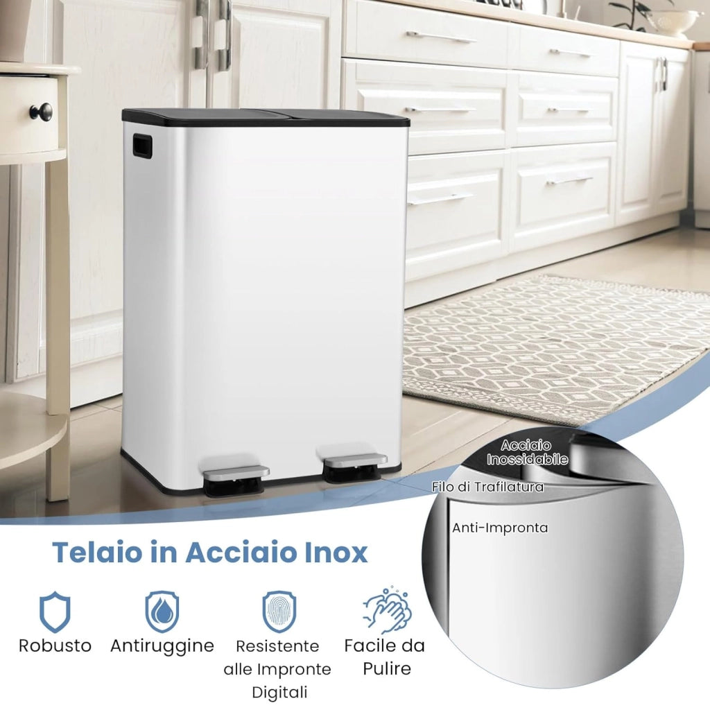 2x30 L Pattumiera Differenziata, Bidoni Differenziata in Acciaio Inox a 2 Scomparti, Anti-Impronte, Secchio Spazzatura con Coperchi a Chiusura Morbida, per Casa Ufficio (Bianco)