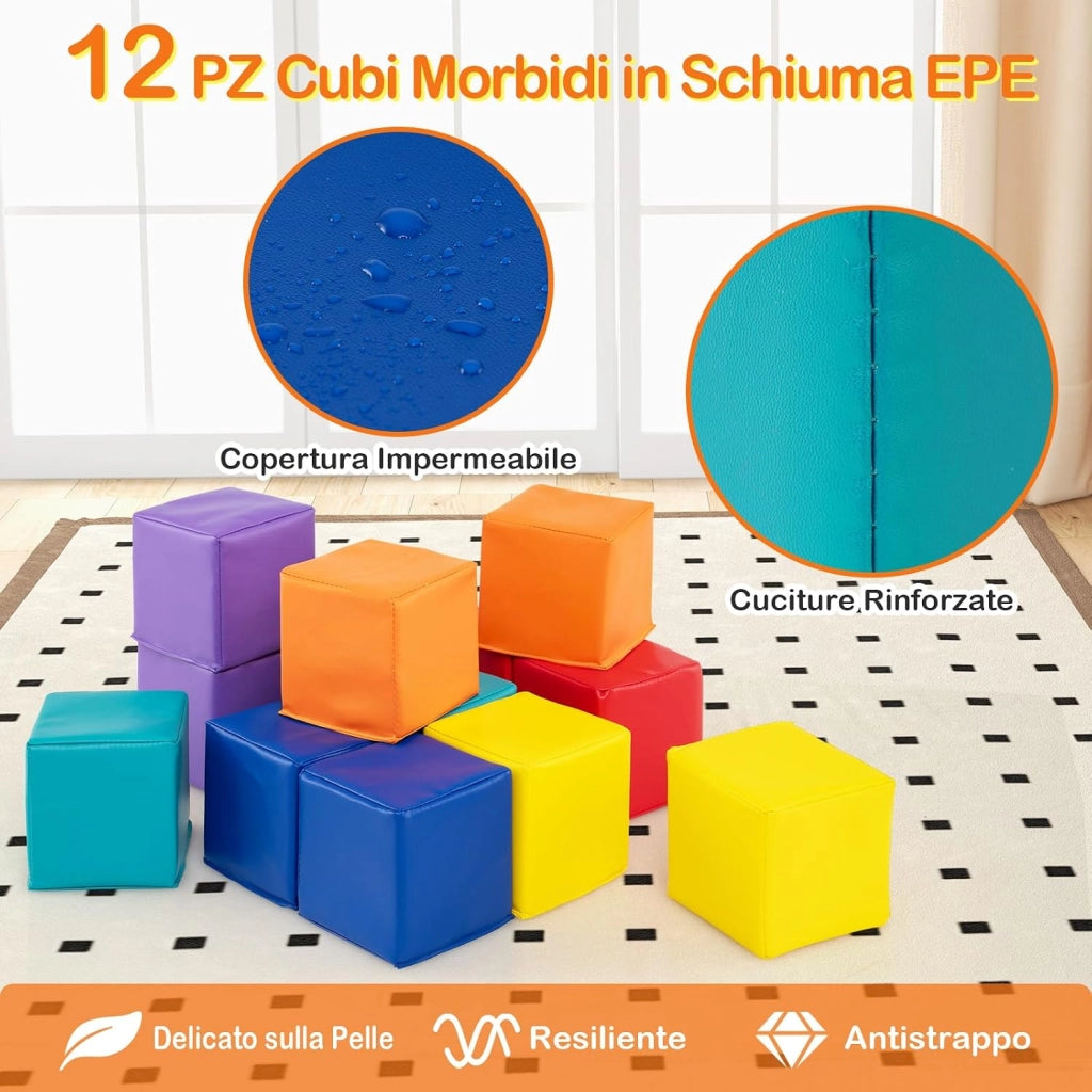 Set di 12 Blocchi da Costruzione in Schiuma EPE, Cubi Colorati 14 x 14 cm con Copertura in Finta Pelle Impermeabile, Blocchi Morbidi per Bambini per Impilare e Arrampicarsi (Rosso e Giallo)