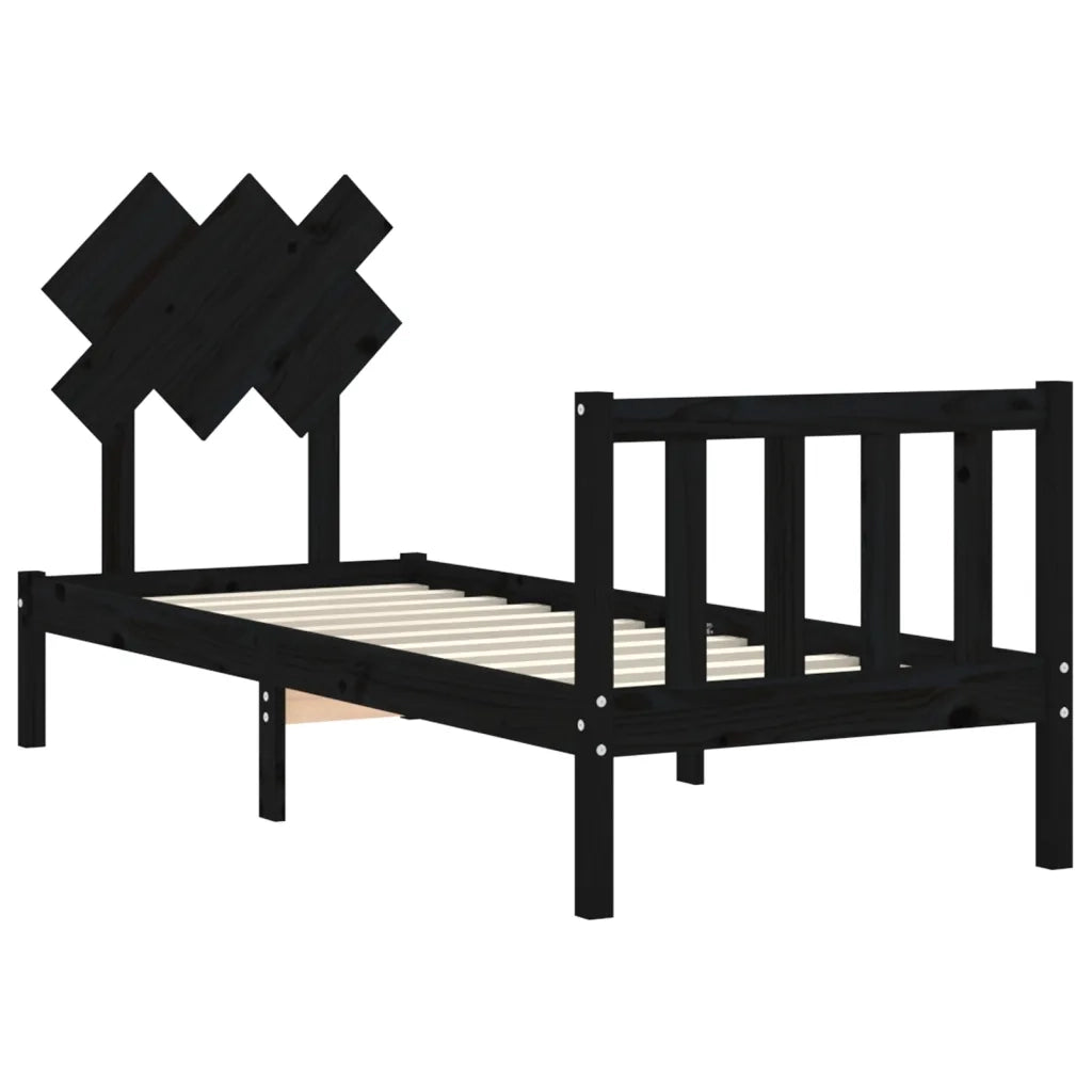 Letto singolo | Letto per adulti | Giroletto con Testiera Nero Small Single in Legno Massello