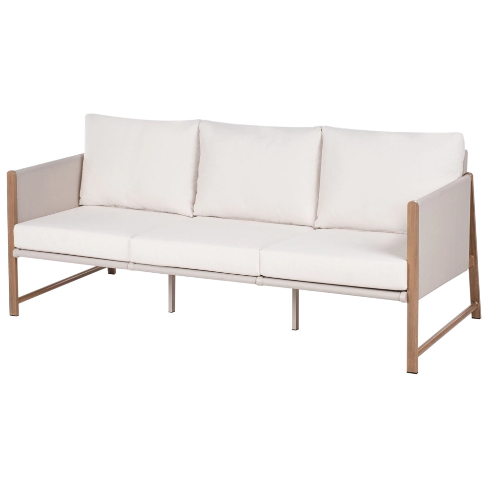 Set di divani da giardino a 5 posti Struttura in metallo beige chiaro con finitura in legno Piano in vetro Divano a 3 posti Ottomano Poltrone