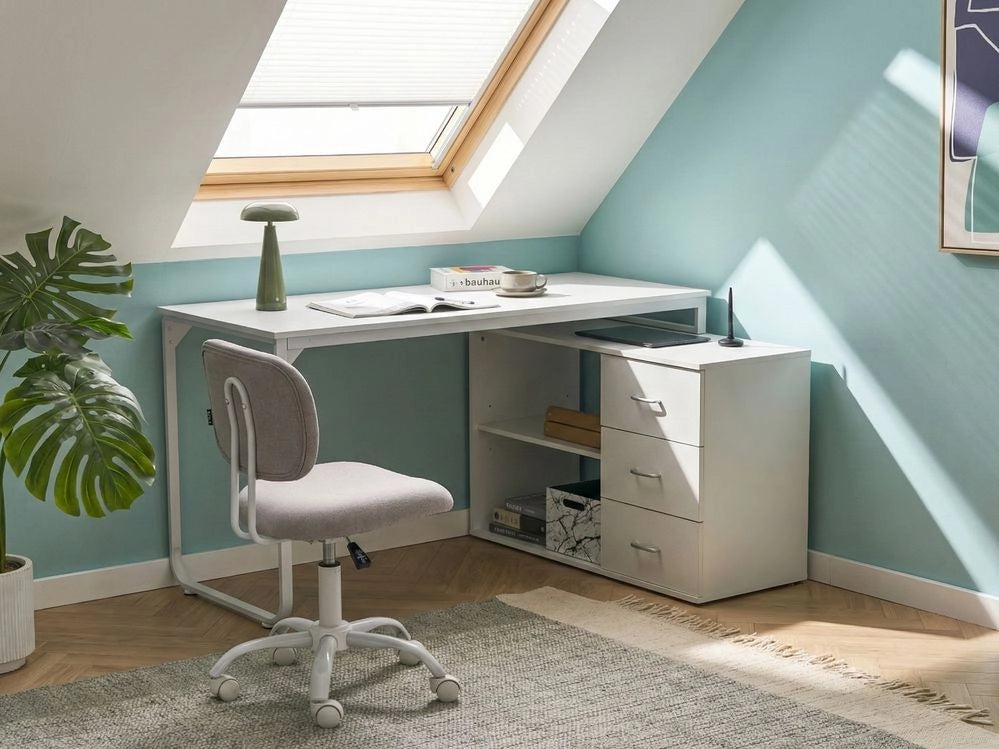 Scrivania da ufficio domestico angolare con 2 ripiani e 3 cassetti Pannello truciolare Gambe in ferro 140 x 100 cm Bianco
