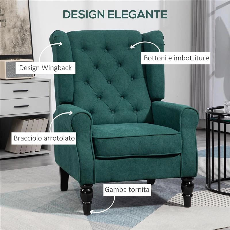 POLTRONA PER SALOTTO IN STILE FRANCESE CON SEDUTA IMBOTTITA E CUSCINI, IN POLIESTERE, 74X86X102 CM, VERDE SCURO