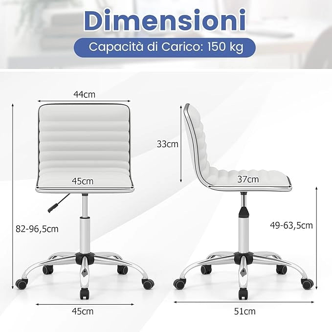 Sedia da Lavoro, Sedia da Ufficio Altezza Regolabile con Sedile Girevole e Ruote Universali, per Scrivania Imbottita, per Conferenze Senza Braccioli, Portata 150 kg