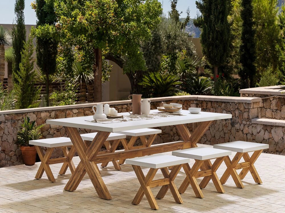 Set da esterno con tavolo in fibra di cemento grigio e 6 sgabelli stile moderno industriale