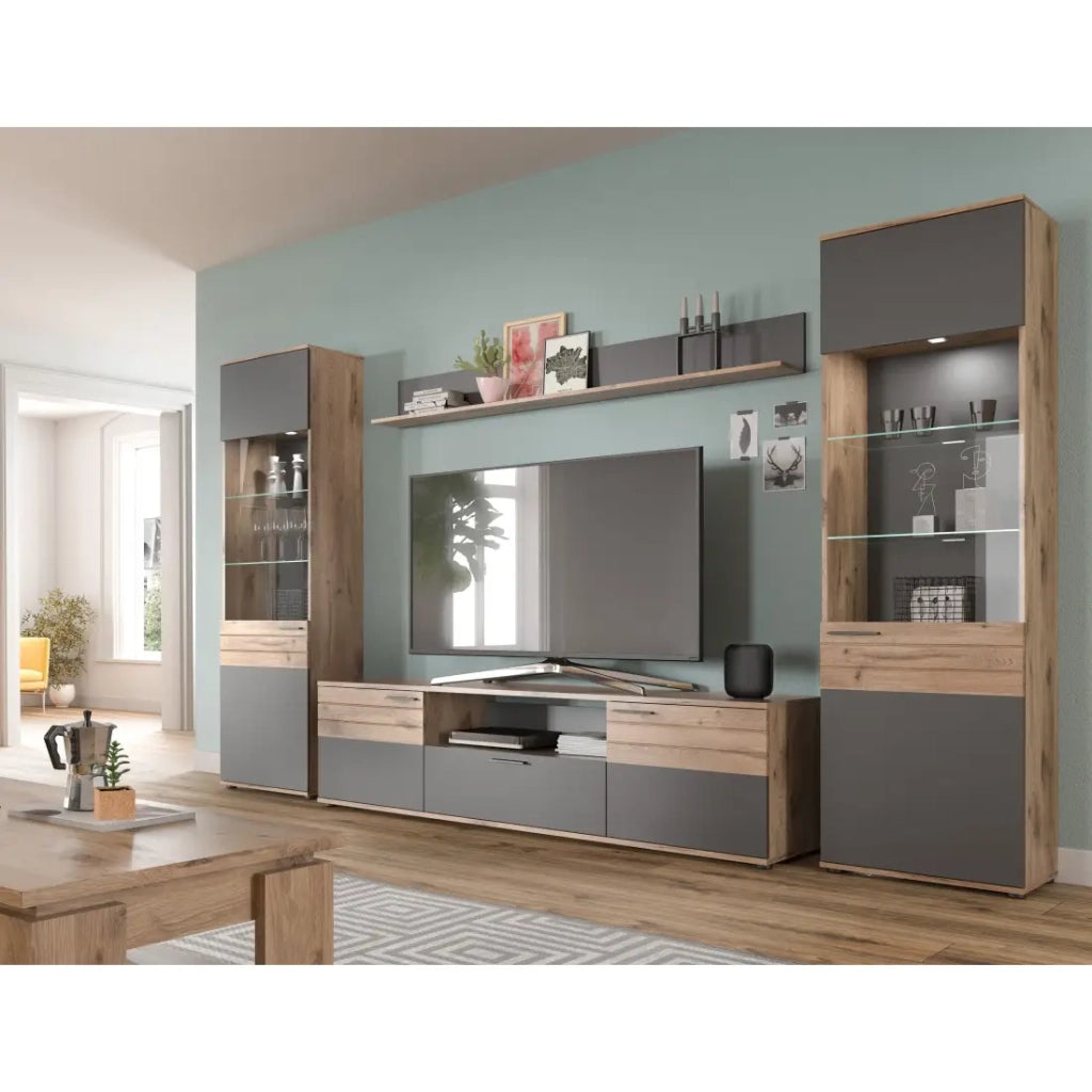 Mobile TV 2 ante e 1 cassetto – Grigio antracite e rovere chiaro – SELMA