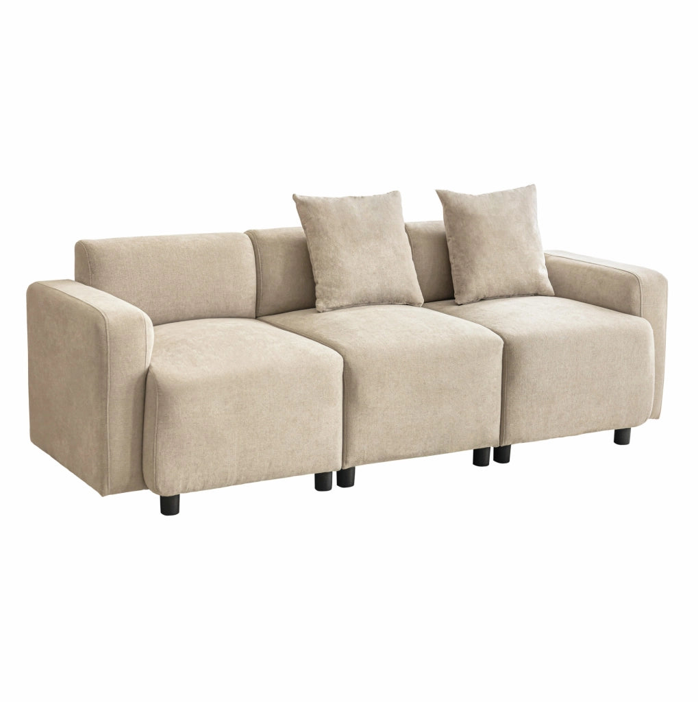 Divano moderno 3 posti in tessuto chenille con cuscini decorativi 211x67x71 cm